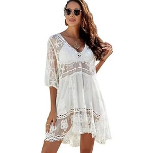 XiYee Strandjurk voor dames, kant, V-hals, transparant, strandponcho, bikini-cover-up, badmode, elegante zomerjurk, strandvakantie, badpak, bikini, beachwear, wit, One size