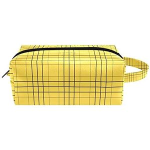 Gele geruite patroon waterdichte cosmetische tas voor vrouwen meisjes, lederen toilettas met handvat en rits, draagbare vierkante make-up tas