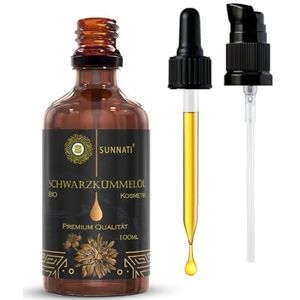 Sunnati® Biologische zwarte komijnolie voor haar en huid, 100 ml, koudgeperst, zuiver, veganistisch, gezonde haargroei, intensieve verzorging met natuurlijke verzorgingsolie, biologische zwarte