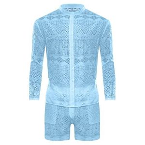 JHBTFQ Mesh Netpak Zomerset voor Heren, Hawaii Kant Spier Transparant Shirt met Lange Mouwen Clubwear,Blauw,S