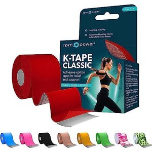 RPM Power Kinesiologietape (5 meter), sporttape, latexvrij, waterbestendige tape voor spieren en gewrichten, perfect voor sport, spierpijn en revalidatie (enkele doos, rood)
