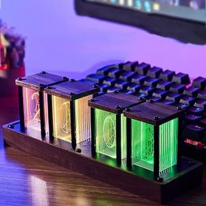 Wooden Digital Tube Clock, LED Digital Alarm Clock, Full Color Custom RGB and 12/24h Display, WIFI On Time, USB Type C, for Lovers, Friend, Christmas, Birthday(6 Tubes)