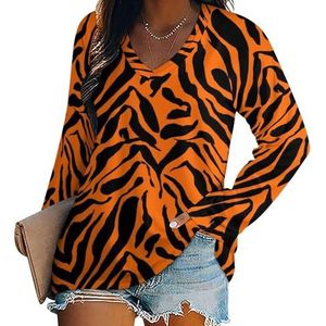 Orange Skin Tiger Animal Dames V-hals Shirt Lange Mouw Tops Casual Loose Fit Blouses