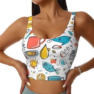 YQTGBCED Kleurrijke handgetekende veren op witte print gewatteerde tanktops met ingebouwde beha, perfect voor yoga, training en hardlopen, Zwart, S
