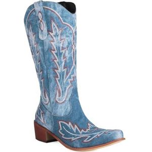 Lmtossey Vrouwen Cowboy Western Boots Halverwege de Kalf Geborduurde Dikke Zolen Hoge Hakken Lente En Herfst Handgemaakte Schoenen, Blauw, 45.5 EU