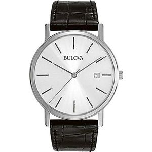 Bulova Men's Classic 3-Hand Calendar Datate Quartz Leather Strap Watch, gesp, 37mm, zwart/zilver, armband