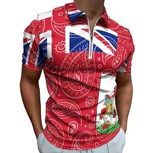 Paisley Bermuda Vlag Poloshirt voor Mannen Casual Rits Kraag T-shirts Golf Tops Slim Fit