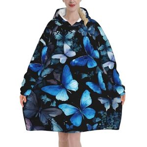 Blauwe vlinders witte bloemen vrouwen sherpa sweatshirt deken verlengen warme gezellige oversized draagbare zak hoodie volwassenen