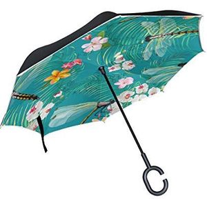 RXYY Winddicht Dubbellaags Vouwen Omgekeerde Paraplu Tropische Bloemen Bloem Libelle Waterdicht Reverse Paraplu voor Regenbescherming Auto Reizen Outdoor Mannen Vrouwen