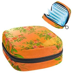 Periode Pouch Draagbare Tampon Opbergtas,Tampon Houder voor Portemonnee Vrouwelijke Product Organizer,Oranje Achtergrond Rood Bloemen Groene Bladeren, Meerkleurig, 4.7x6.6x6.6 in/12x17x17 cm