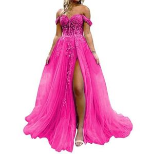 HPPEE Dames off-shoulder galajurken met split kant applicatie glitter tule formele jurk lange baljurk, roze (hot pink), 32