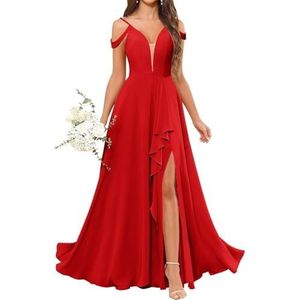 HPPEE Avondjurk voor dames, V-hals, blote schouders, bruidsmeisjesjurk met split en ruches, Rood, 32