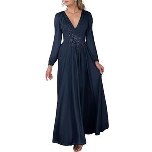 KIYNE Dames V-hals chiffon moeder van de bruid jurken met kant appliqué formele trouwjurk feestjurk, marineblauw, 32