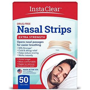 Instaclear Extra sterke neusstrepen, 50 ct, werkt onmiddellijk, ademend, verlicht verstoppingen, stopt snurken, kou en allergie, extra sterke bruine kleur
