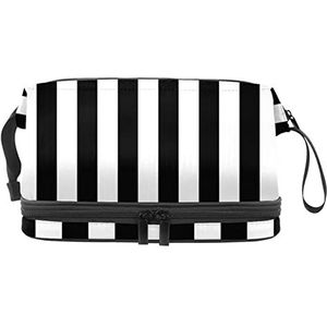 Dubbele Laag Cosmetische Tas Moderne Zwart Wit Strepen Geometrische Draagbare Make-up Tas Reizen Organizer Pouch voor Vrouwen Meisjes Toiletartikelen Tassen, Meerkleurig, 27x15x14 cm/10.6x5.9x5.5 in, Make-up zakje