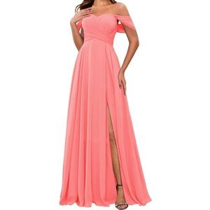 HPPEE Off-shoulder chiffon bruidsmeisjesjurken met split voor vrouwen mouwloze strapless avond formele jurk, Koraal, 32