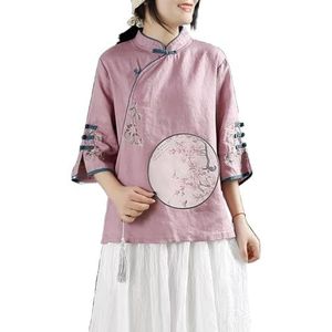 Chinese Stijl Retro Katoenen Linnen Top Dames Plus Size Loose Fit Shirt Prachtig Borduurwerk Traditionele Hanfu Blouse (Color : Purple, Size : L)