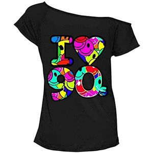 Meerzijdig „I Love 90s“ korte mouwen dames T-shirt. Retro pop star tees top. Maat 26 - 54, Zwart, 34-36