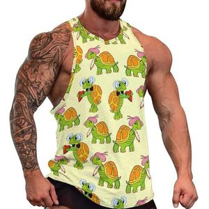 Underwater Lovers Turtles Tanktop voor heren, grafische mouwloze bodybuilding T-shirts, casual strand-T-shirt, grappige sportschool-spieren