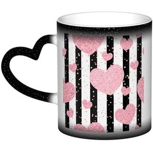 Romantische Hart Rose Goud Pailletten Streep, Keramiek Mok Warmtegevoelige Kleur Veranderende Mok in de Hemel Koffie Mokken Keramische Cup 330ml