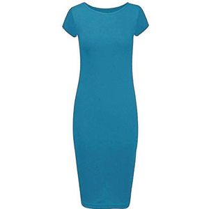 Dames Cap Mouwen Bodycon Midi Jurk Dames Ronde Hals Stretch Potlood Party Wear Lange Jurk, Turkoois, 34-36