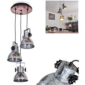 Hanglamp Hora, 3-lamps hanglamp van staal in zwart/zilver met houtlook, vintage plafondlamp, 3 x E27 fitting, exclusief lampen