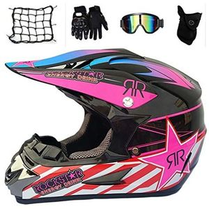 MRDEAR Motorcrosshelmset voor volwassenen, set met handschoenen, bril, masker, helmnet, zwart en roze/rockstar, motorhelm voor downhill, MTB, off-road quad, beschermende uitrusting, M
