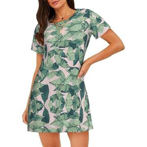 GXUNGT Groene palmboombladeren roze print dames zomergewaad, nachtkleding met korte mouwen, zacht en comfortabel, voor thuis en buiten, Zwart, S
