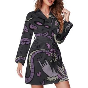 Paars Zwart Goth Spooky Gedrukt Vrouwen Badjas Sjaal Kraag Loungewear Spa Badjas Lange Mouw Pyjama XL