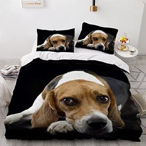 AOLIGL Hondendekbedovertrekset, dubbel jongens- en meisjesbed, 3D-print, een schattige beagle-beddengoedset, zwart, 3-delig, zachte microvezel dekbedovertrek met ritssluiting voor huisdieren,