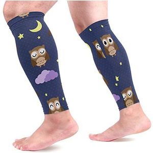 EZIOLY Uil Star Moon Nachtsport Kalf Compressie Mouwen Been Compressie Sokken Kalf Guard voor hardlopen, fietsen, moederschap, reizen, verpleegkundigen