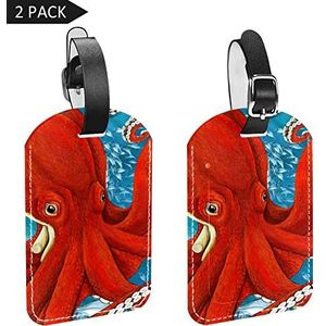 PU Lederen Bagage Tags met Rode Octopus Close Up Print Naam ID Labels voor Reistas Bagage Koffer met Achterzijde Privacy Cover 2 Pack