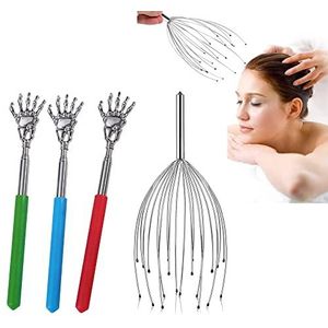 4 Stuks Hoofdmassageapparaat, Rugkrabber Uitschuifbaar, Hoofd Massager met 20 Klauwen, Rugkrabber van Hoogwaardig van Roestvrij Staal, voor Stress Relief Relax Massage Hoofdmassage en Rugmassage