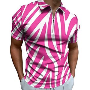 Roze Zebra Print Half Zip-up Polo Shirts Voor Mannen Slim Fit Korte Mouw T-shirt Sneldrogende Golf Tops Tees 2XS