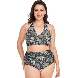 Grijze Luipaardhuid Polka Dot Vrouwen Bikini Sets Plus Size Badpak Twee Stukken Hoge Taille Strandkleding Meisjes Badpakken, Pop Mode, XL