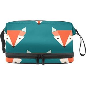 Multifunctionele opslag reizen cosmetische tas met handvat,Oranje Fox Heads patroon Turquoise,Grote capaciteit reizen cosmetische tas, Meerkleurig, 27x15x14 cm/10.6x5.9x5.5 in