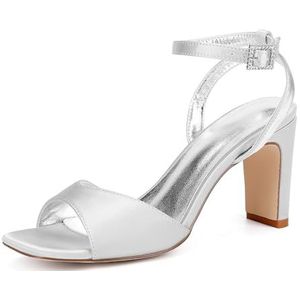 Block Heels Prom Hakken Sandalen voor Vrouwen Open Teengeschikte Enkelriem Bruiloft Schoenen Slingback Sandalen voor Feestjurk,Zilver,36 EU
