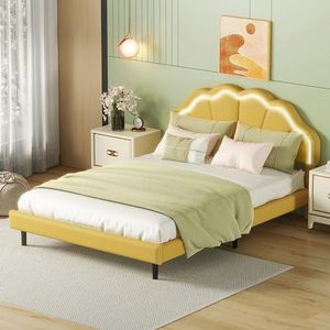 Aunvla Gestoffeerd bed 140 x 200 cm, gevoerd zweefbed frame met ledlampen en hoofdeindedesign, plat tweepersoonsbed, geel
