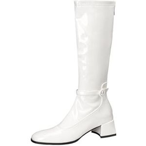 Dames Chelsea-laarzen Met Blokhak Elegante Lange Laarzen Met Gesp 2025 PU-lakleren Rijlaarzen Met Rits Grote Maten Hoge Hakken For Feestjes(White,43 EU)