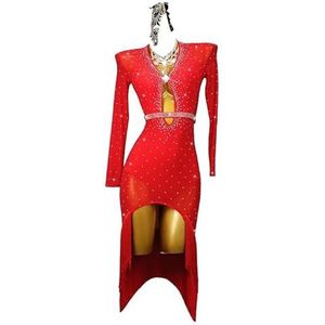 Yhwacyznm Dames Latijns Amerikaanse wedstrijdjurken met lange mouwen Salsa danskleding met V hals Professionele tango dansrokken met kwastjes Cha Cha Ballroom Shiny danskleding,Rood,L