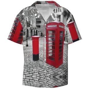 OdDdot Londen Rode Telefooncabine Print Mannen Button Down Shirt Korte Mouw Casual Shirt Voor Mannen Zomer Business Casual Jurk Shirt, Zwart, XXL