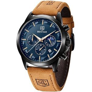 BENYAR Herenhorloge, waterdicht, chronograaf, helder, klassiek, leren armband, grote wijzerplaat, analoog en krasbestendig, elegant cadeau (zwart zwart), Bruin/A, men, informeel