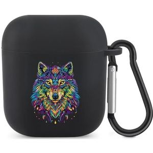 Mooie Wolf Gezicht Etnische Tribal Ontwerp Leuke Case Voor AirPods 2&1 Shockproof Beschermende Hoofdtelefoon Gevallen Cover Met Sleutelhanger Voor Mannen Vrouwen
