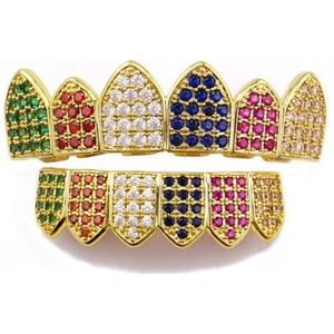 Regenboog Multi Color Grillz Tanden, 18K Vergulde Bovenkant Onderkant Kap Iced Out Fangs Mondgrills set Fancy(Gold)