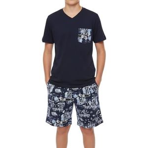 Korte jongenspyjama, zachte single-jersey van 100% katoen en broek in bermudavorm, nachtblauw, 176