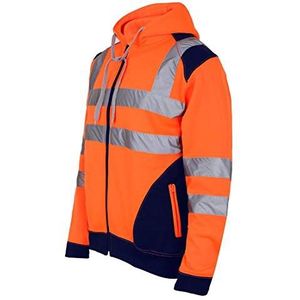 janisramone Heren Jongens Nieuwe Hi Vis Reflecterende Zichtbaarheid Hoody Contrast Patch Fleece Sweatshirt Werk Hoodie Jas, Neon Oranje / Navy, XL