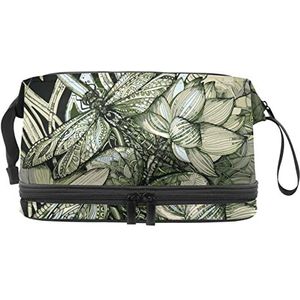 Grote capaciteit reizen cosmetische tas,Groene Chinese schilderij van Lotus,Make-up tas,Waterdichte make-up tas organisator, Meerkleurig, 27x15x14 cm/10.6x5.9x5.5 in