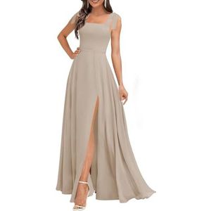 Chiffon bruidsmeisjesjurken voor dames, met spleetplooien, formele avondjurken, grote maten, Taupe, 32