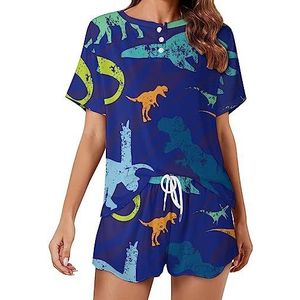 Retro dinosaurus print mode 2 stuks dames pyjama sets korte mouw nachtkleding zachte loungewear stijl-8