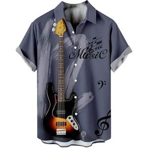 Mannen Casual Shirt Basgitaar Gedrukt Korte Mouw Shirts Mode Vintage Muziek Serie Instrument Patroon T-shirt Hawaiiaanse Strand Blouse Top, # 6, 4XL